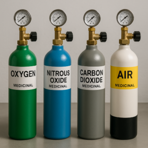 Cilindros de gases medicinales con etiquetado y válvulas reguladoras